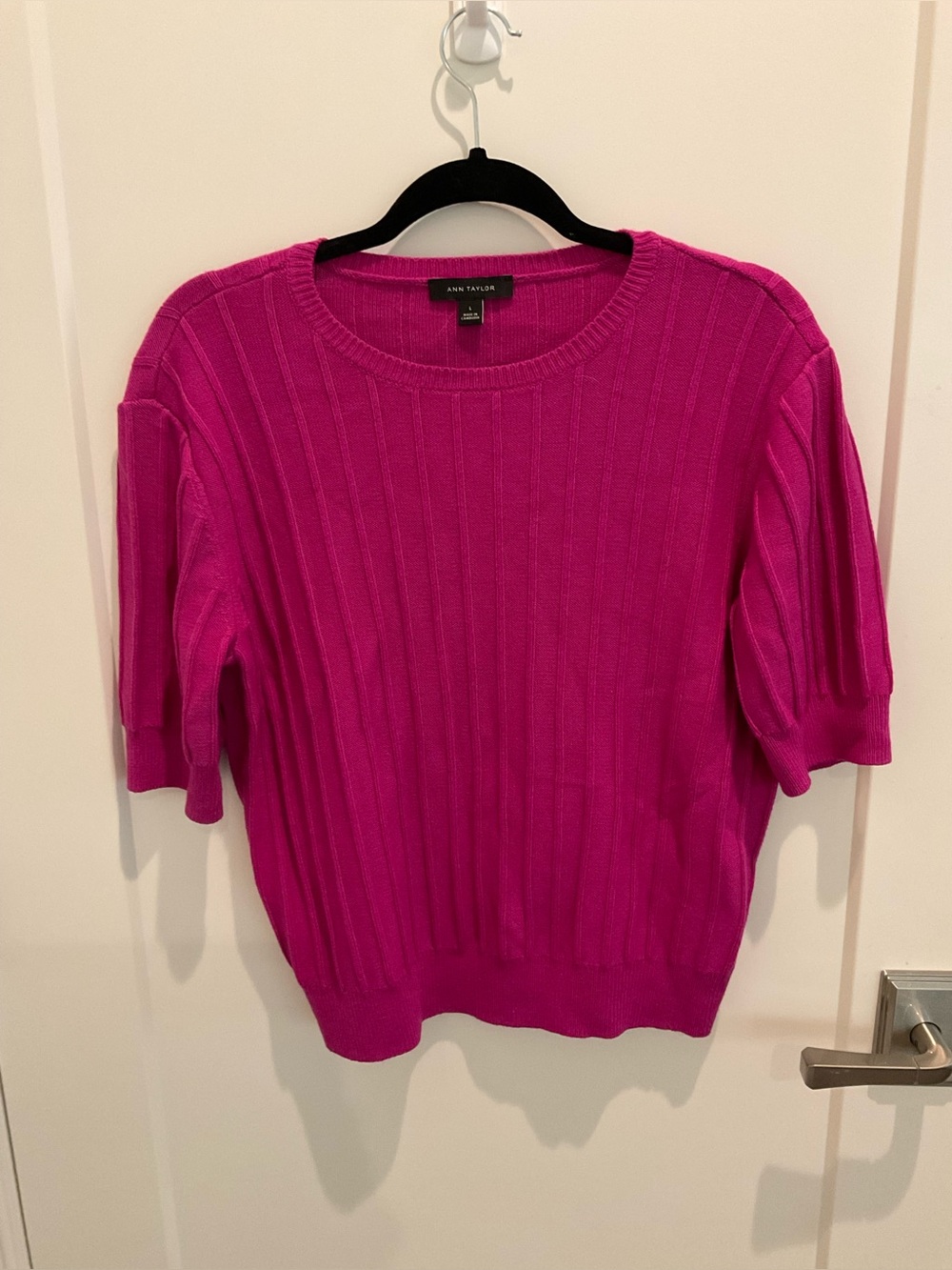 Ann Taylor Short-Sleeve Ribbed Knit Top in Dark Pink - Picture 2 of 7